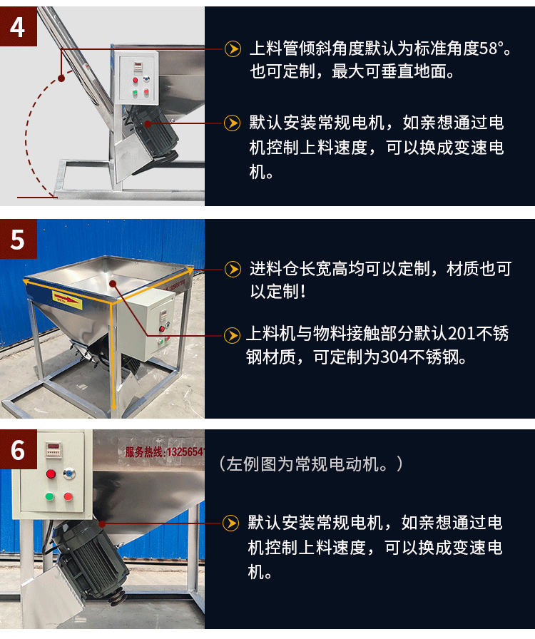 不銹鋼螺旋輸送采用304/316L不銹鋼材質，使用變電機，可滿足客戶的多樣化需求